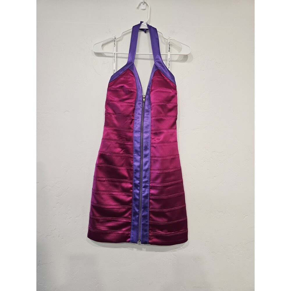 MORGAN & CO Y2K 1990's Bright Pink Purple Satin Ruched Halter Neck Mini Dress XS